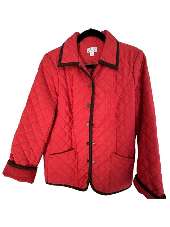 Joan Rivers Jackets & Blazers - Joan Rivers Womens Red Quilted Jacket With Brown Trim Small Snap Closure Pockets